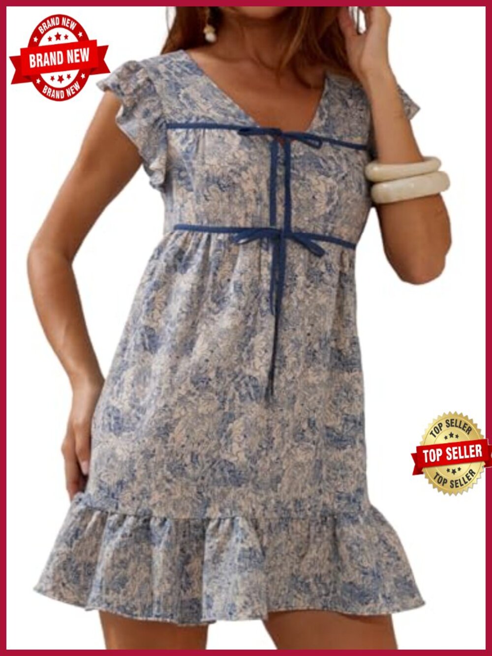 Womens Floral Tie Front Ruffle Mini Dress Boho V-Neck Short Sleeve Summer